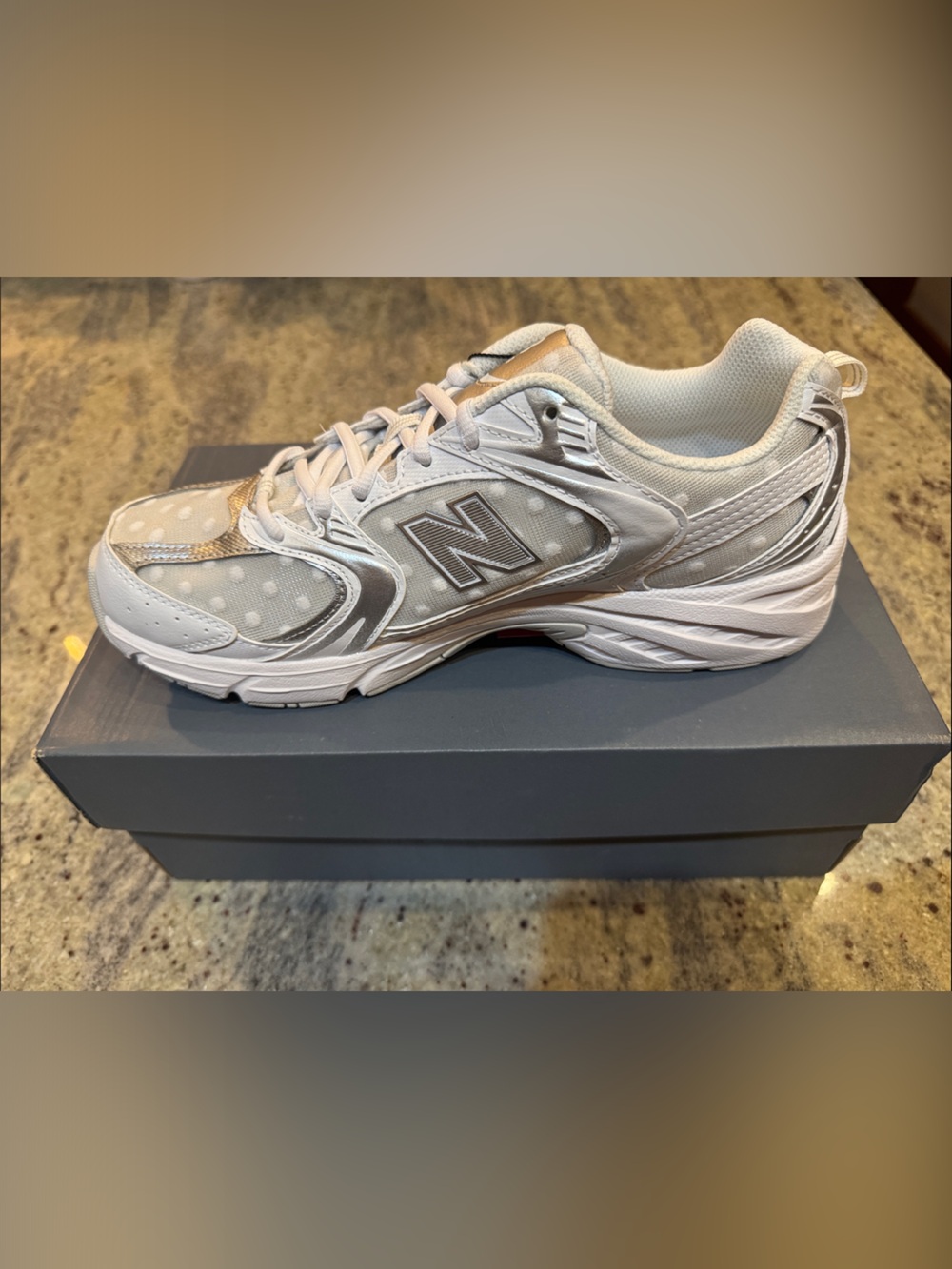New Balance 530 Polka Dot Sneakers. New in box.  Unisex!  Men’s 9, Women’s 10.5.